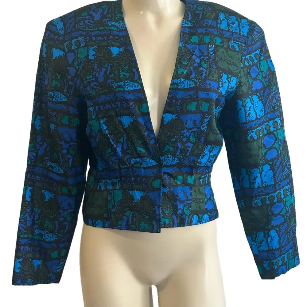 Thai silk by SIAM MALEE  blue / Green Patterned Women's light top sz 2